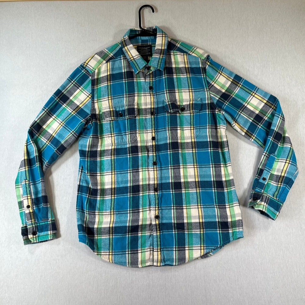American Eagle Flannel Shirt Mens M Blue Green Plaid Button Down Soft